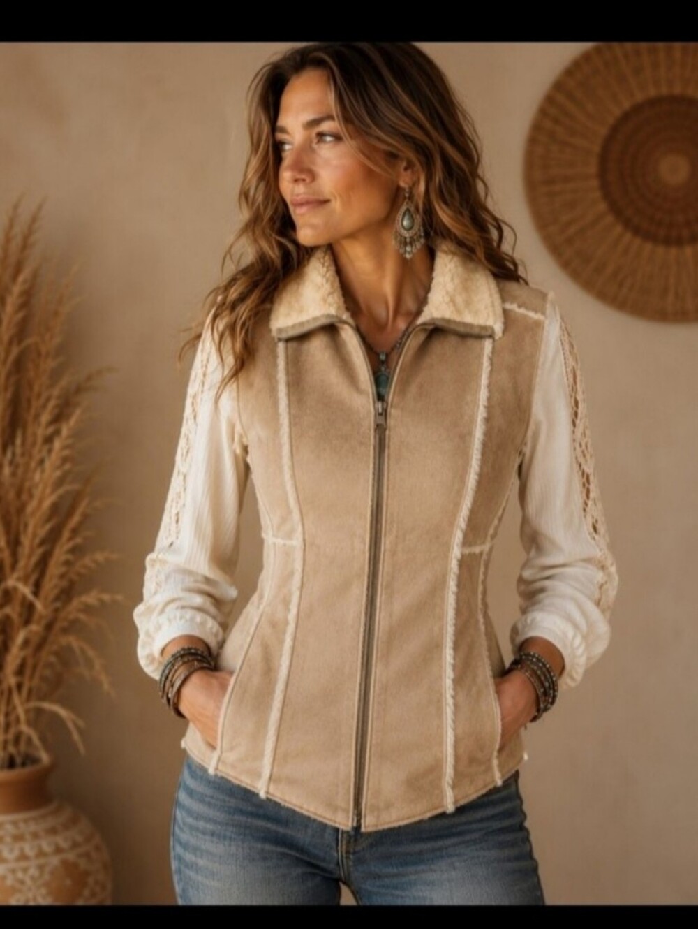 Big Chill Faux Suede Vest Beige Zip Up Faux Fur Lined Western M